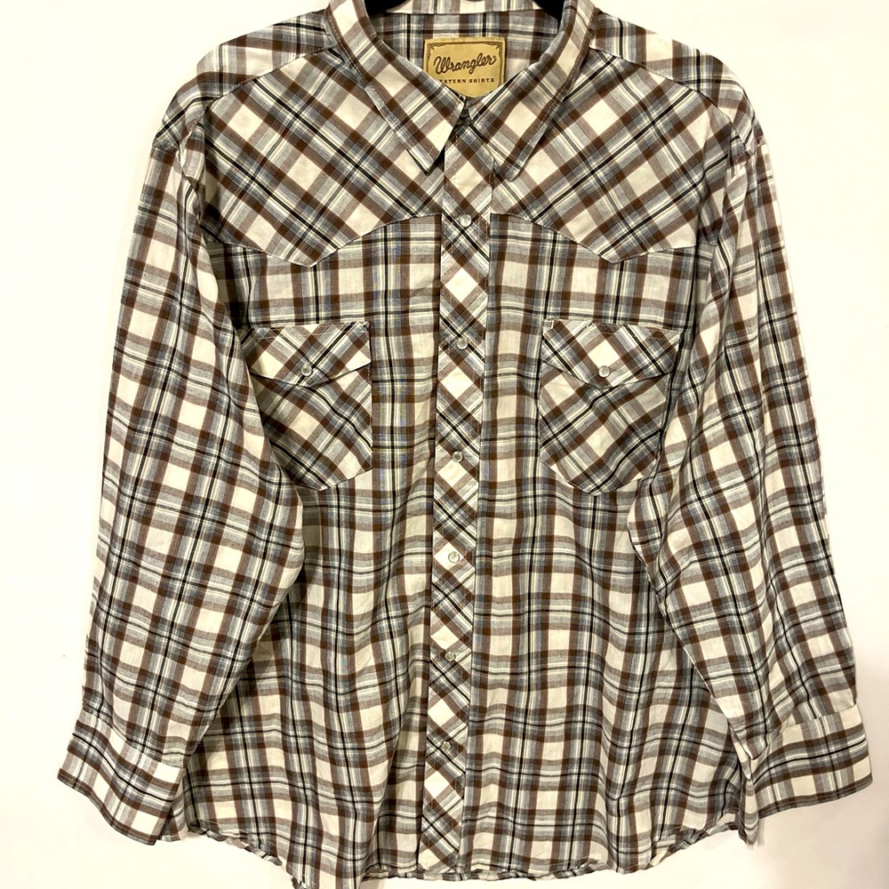 Wrangler Mens Pearl Snap button Western Cowboy Shirt Brown Plaid 2XL